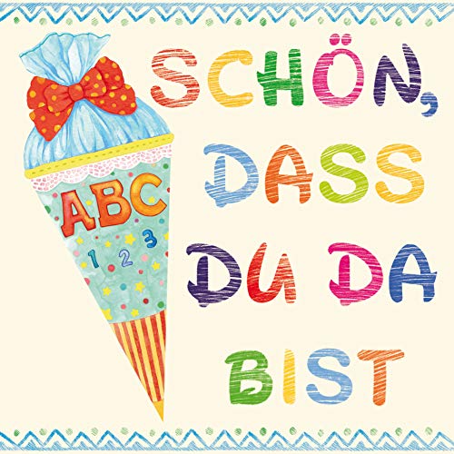 20 Servietten Einschulung Deko Junge mit Spruch Schön, dass Du da bist in beige und blau. Servietten Schulanfang Schulkind zur Schuleinführung Tischdeko 33x33cm von Serviettenshop