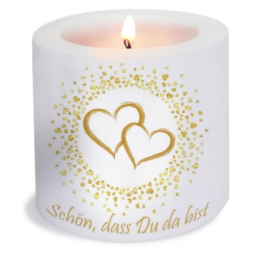 Serviettenshop Kerze rund zur Hochzeit | Herzen in gold | Ø 8cm | Höhe 7,5cm von Serviettenshop