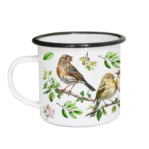Tasse Tiere Hemische Vögel aus Emaille. Langlebige und leichte Motivtasse für den gedeckten Tisch und als Geschenk. In Deutschland bedruckt. 0,3L x H8cm von Serviettenshop