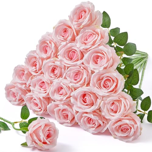Serwalin 𝟮𝟬 𝙎𝙩𝙪̈𝙘𝙠 künstliche Rosen, rosa Samt Rosen Real Touch, Seide gefälschte Rosen Langen Stiel realistische Bouquet für Valentinstag Hochzeit Tisch Centerpiece und Home Decor von Serwalin