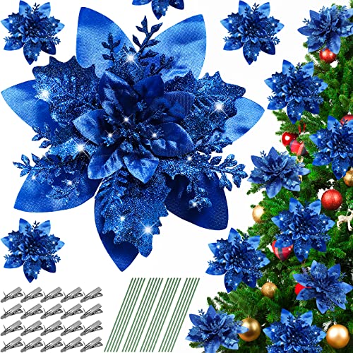 Serwalin 20pcs 14cm Weihnachten Blumen künstliche Blau Blumen Dekorationen mit Clips Stiele Glitter Weihnachtsbaum Ornamente Weihnachten Hochzeit Party Kranz Girlanden DIY(blau) von Serwalin