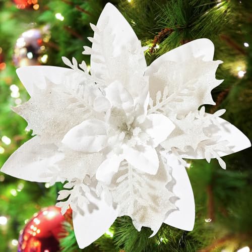 Serwalin 20pcs 14cm Weihnachten Blumen künstliche Weiß Champagner Gold Blumen Dekorationen mit Clips Stiele Glitter Weihnachtsbaum Ornamente Weihnachten Hochzeit Party Kranz Girlanden DIY(weiß) von Serwalin