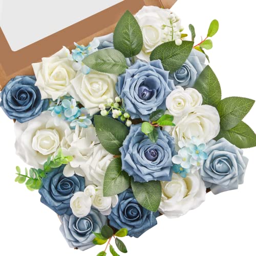 Serwalin Künstliche Blumen Blau Fake Silk Foam Hochzeitsblumen für Brautstrauß Weiße Rosen mit Stielen für Zuhause Party Dekoration Kunstblume Tischdekoration Arrangements für Babyparty von Serwalin