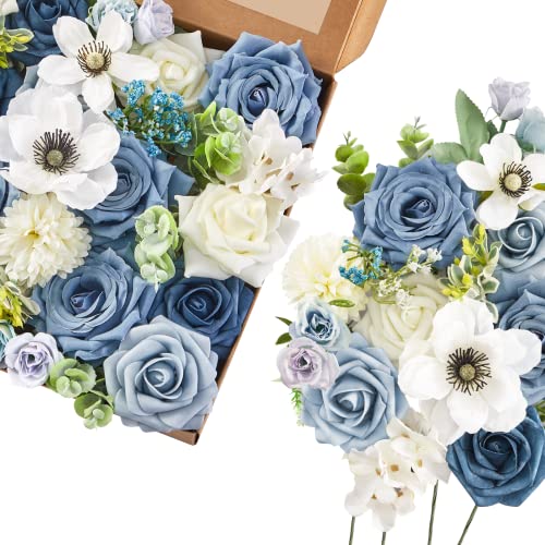 Serwalin künstliche Blumen blau gefälschte Seidenschaum Hochzeit Blumen für Brautstrauß weiße Rosen mit Stielen für Home Party Dekoration Faux Blume Tisch Centerpieces Arrangements für Baby-Dusche von Serwalin