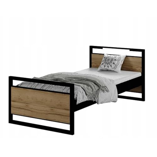 Modernes Jugendbett Loft, Eiche Craft Gold, Metall und Laminat, 200x90 cm, mit LED, Matratze und Ständer von SerwisBox