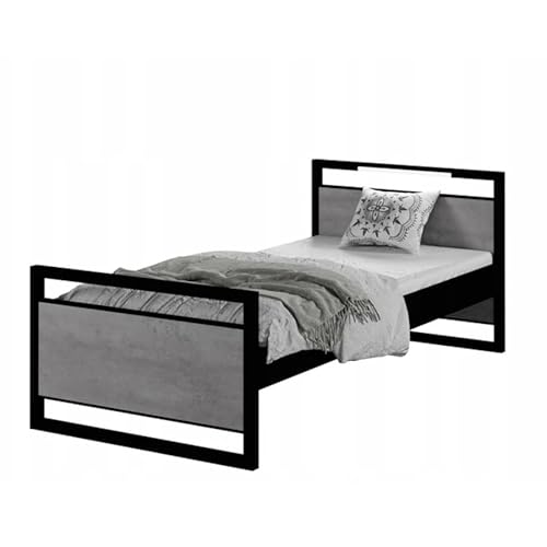 Modernes Jugendbett Loft, Eiche Craft Weiß, Metall und Laminat, 180x90 cm, mit LED, Matratze und Ständer von SerwisBox