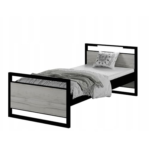 Modernes Jugendbett Loft, Eiche Craft Weiß, Metall und Laminat, 200x90 cm, mit LED, Matratze und Ständer von SerwisBox