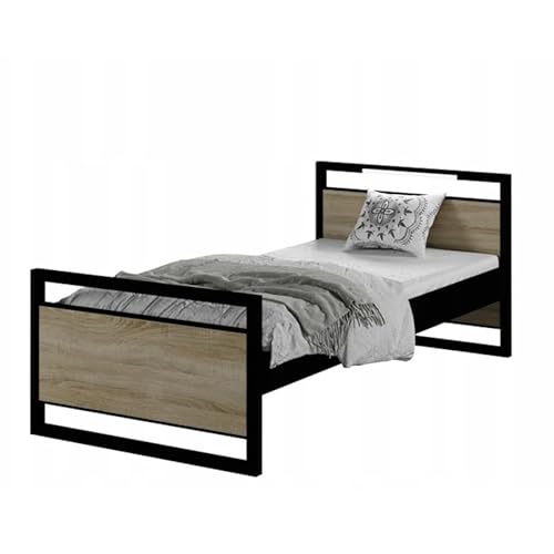 Modernes Jugendbett Loft, Sonoma Eiche, Metall und Laminat, 200x90 cm, mit LED, Matratze und Ständer von SerwisBox