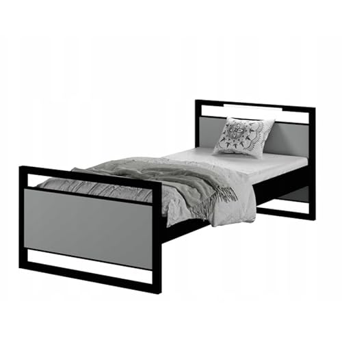 Modernes Jugendbett Loft, Stahlgrau, Metall und Laminat, 200x90 cm, mit LED, Matratze und Ständer von SerwisBox