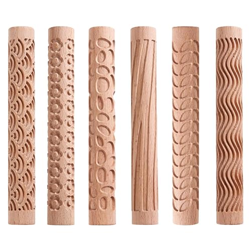 Sessleger Clay Modellierroller, Texturroller, Holzfarbe, 15 x 2 cm, für Töpferwerkzeuge mit Holzgriff, , Holzwelle, 6 Stück von Sessleger