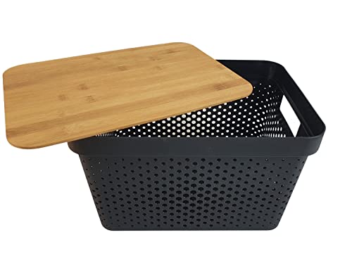 Aufbewahrungsbox 17L mit Bambusdeckel & Lochmuster schwarz weiss Kiste Ordnung Dekoration (schwarz) von Sesua