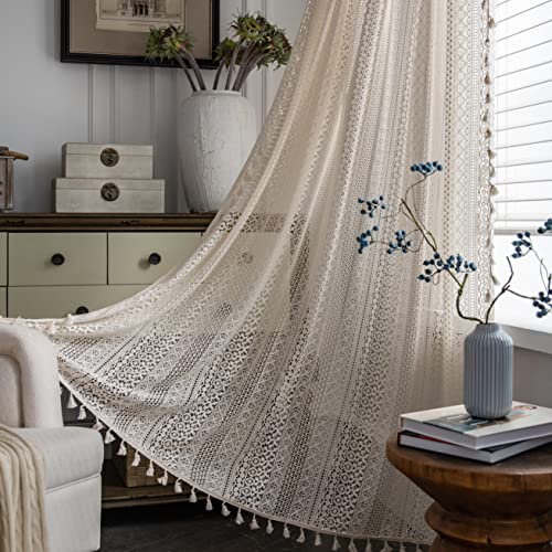 Setabeck Boho Sheer Lace Curtain Crochet Vintage with Handmade Macrame Tassel Knitted Window Treatment Drape for Bedroom Living Room Kitchen (1 Panel Crochet Beige, 50 x 83 inch) von Setabeck
