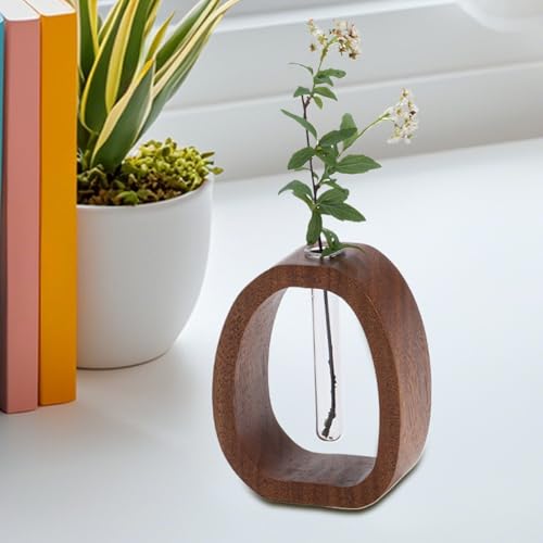 Blumenvase aus Walnussholz und Glas, Massivholz-Glasvase, transparentes Reagenzglas, kleine Blumenvasen, Hydrokultur-Blumentopf aus Holz für Zuhause, Tisch, Schreibtisch, Dekoration, 15 x 12 x 4 cm von Setauoo