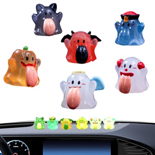 Setauoo Gespenster Deko Für Zuhause | 6 Stück Nachleuchtende Auto-Dekorationen | Lustige Harzstatue Mit Großer Zunge Design Für Halloween Auto Schreibtisch Innen Außen von Setauoo