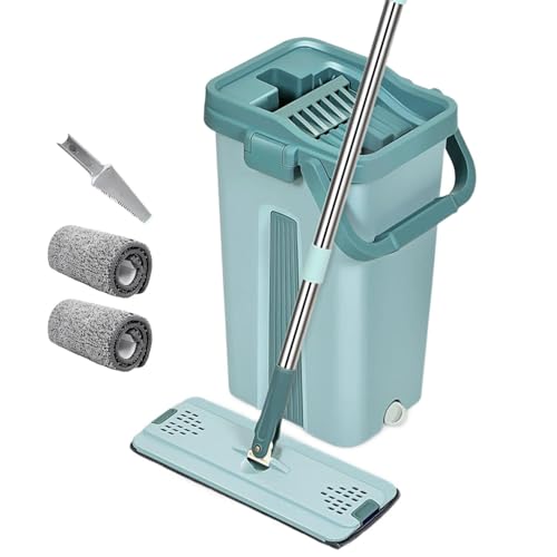Wischmopp Set mit Eimer, Bodenwischer Set mit 2 Wischpads und 127cm Edelstahlgriff, 360-Grad-Drehkopf, Zweikammer-Reinigungseimer für den Nass- und Trockengebrauch, Handfreier Wischmopp-Eimer von Setauoo
