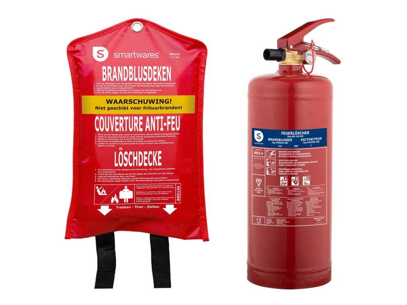 smartwares Pulver-Feuerlöscher, Pulver, als Set mit Löschdecke, für Zuhause Auto, DIN EN 3, Brandklassen A B C von smartwares