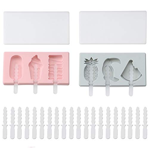 2 Stück Silikon Eiscreme Eisformen,Hausgemachte Handgemachte DIY-Eisform,Cartoon Wassermelone/Ananas/Vogelform,Hausgemachte Handgemachte DIY Eisform + 10 Stück Plastikstangen (Blau,Pink) von Seully