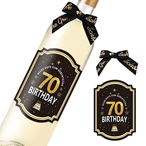 70. Geburtstag Flaschenetikett mit Schleife Schwarzes Gold Lack veredelt 8,5x10,5cm Happy Birthday 70 - Geburtstagsdeko Geburtstagsgeschenk Geschenke für Frauen Männer (70) von SeunKieer