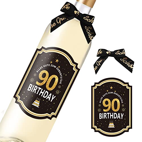 90. Geburtstag Flaschenetikett mit Schleife Schwarzes Gold Lack veredelt 8,5x10,5cm Happy Birthday 90 - Geburtstagsdeko Geburtstagsgeschenk Geschenke für Frauen Männer 90. Geburtstag Flaschenetikett mit Schleife Schwarzes Gold Lack veredelt 8,5x10,5cm Happy Birthday 90 - Geburtstagsdeko Geburtstagsgeschenk Geschenke für Frauen Männer von SeunKieer