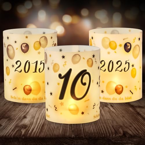 12 Windlicht Tischdeko 10 Geburtstag, Seutgjie 10. Geburtstag Hochzeitstag Rosenhochzeit Deko Mädchen Junge 2015-2025 Schwarz Gold für Teelichter oder Kerzen von Seutgjie