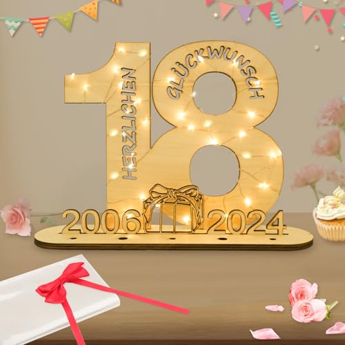 Seutgjie 2024 Geldgeschenke Geburtstag 18 Geburtstagszahlen Holz Schild Gästebuch mit LED Lichterkette Ständer und Kerzenhalter für 18 Jahre Mann Frau für Hochzeit Jubiläum Tischdeko (2024-18) von Seutgjie