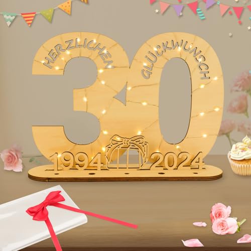 Seutgjie 2024 Geldgeschenke Geburtstag 30 Geburtstagszahlen Holz Schild Gästebuch mit LED Lichterkette Ständer und Kerzenhalter für 30 Jahre Mann Frau für Hochzeit Jubiläum Tischdeko 1994-2024 von Seutgjie