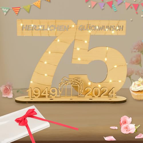 Seutgjie Deko 75 Geburtstag Mann Frau Originelles Geldgeschenke Holzschild Gästebuch mit LED Lichterkette Fliege und Geschenkpapier Gästebuch für Männer Frauen Jubiläum Tischdeko 1949-2024 von Seutgjie