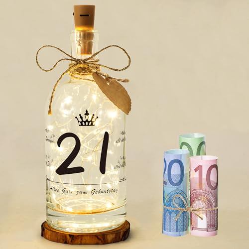 Seutgjie 21. Geburtstag Mädchen Geschenk, Deko 21 Geburtstag Geldgeschenke LED Flaschenlicht mit Spruch für Frauen Mädchen Junge Personalisiertes Geschenk von Seutgjie