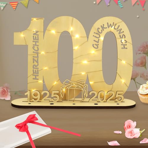 Seutgjie Deko 100 Geburtstag Frauen Männer 1925-2025 Geldgeschenk mit LED Lichterkette Fliege und Geschenkpapier für Jubiläum Hochzeitstag Tischdeko Originelle Holz Schild Gästebuch von Seutgjie