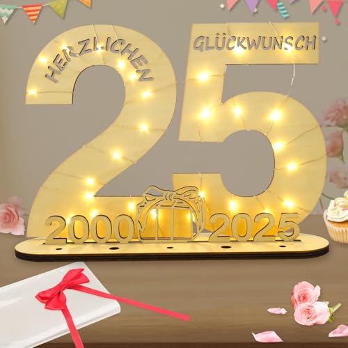 Seutgjie Deko 25 Geburtstag Frau Mann, Geldgeschenke Geburtstag 25 Silberhochzeit Originelle Holz Schild Gästebuch mit LED Lichterkette Hochzeitstag Jubiläum Tischdeko 2000-2025 von Seutgjie