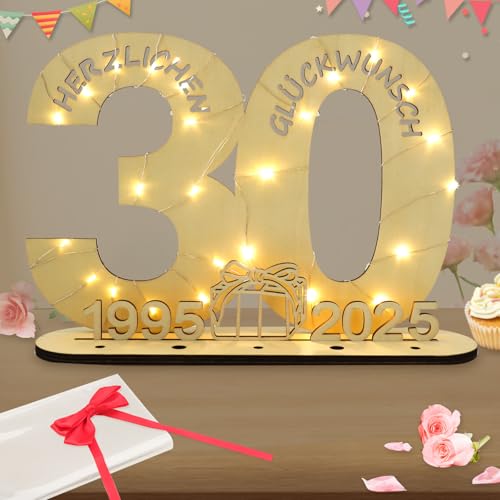 Seutgjie Deko 30 Geburtstag Frau Mann, Geldgeschenke Geburtstag 30 Originelle Holz Schild Gästebuch mit LED Lichterkette für Männer Frauen Perlenhochzeit Jubiläum Tischdeko 1995-2025 von Seutgjie