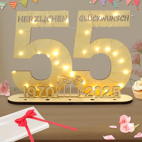 Seutgjie Deko 55 Geburtstag Frau Mann, Geldgeschenke Geburtstag 55 Originelle Holz Schild Gästebuch mit LED Lichterkette für Männer Frauen Jubiläum Tischdeko 1970-2025 von Seutgjie