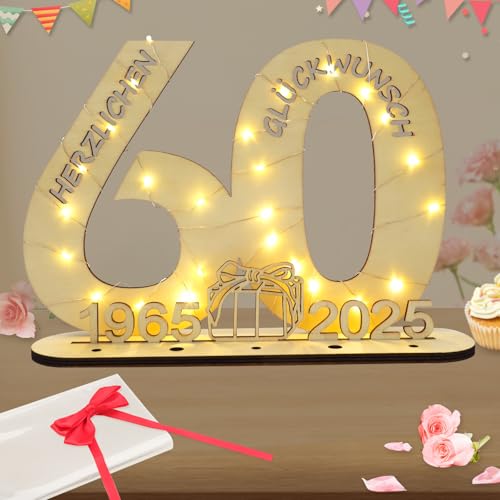 Seutgjie Deko 60 Geburtstag Frau Mann, Geldgeschenke Geburtstag 60 Originelle Holz Schild Gästebuch mit LED Lichterkette für Männer Frauen Diamantene Hochzeit Jubiläum Tischdeko 1965-2025 von Seutgjie
