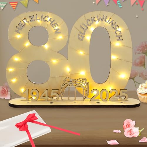 Seutgjie Deko 80 Geburtstag Frau Mann, Geldgeschenke Geburtstag 80 Originelle Holz Schild Gästebuch mit LED Lichterkette für Männer Frauen Jubiläum Tischdeko 1945-2025 von Seutgjie