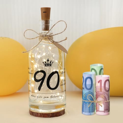 Seutgjie Deko 90 Geburtstag Frau Mann Geschenk, Geldgeschenke LED Flaschenlicht mit Spruch Stimmungslicht Glückslicht Personalisiertes Geschenk von Seutgjie