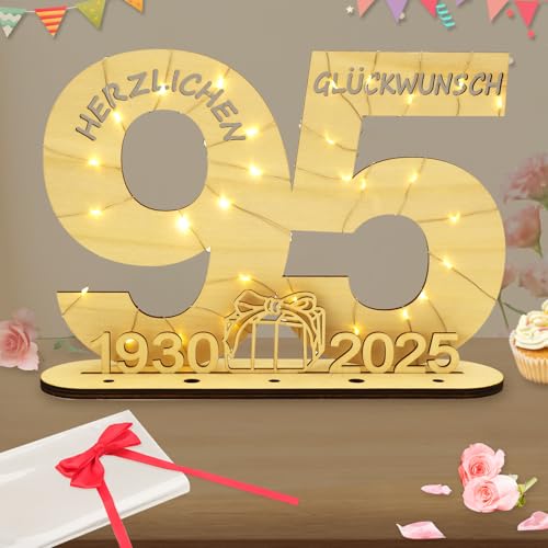 Seutgjie Deko 95 Geburtstag Frauen Männer 1930-2025 Geldgeschenk mit LED Lichterkette Fliege und Geschenkpapier für Jubiläum Hochzeitstag Tischdeko Originelle Holz Schild Gästebuch von Seutgjie