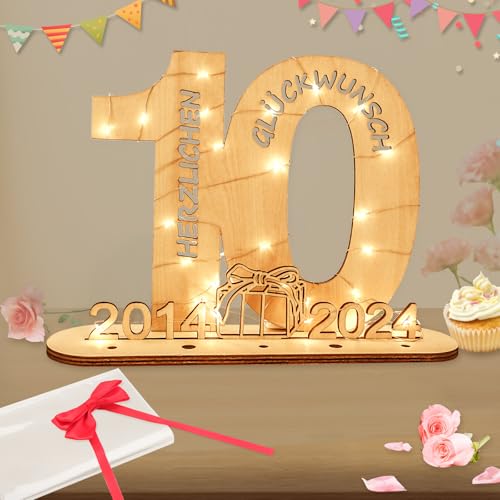 Seutgjie Geldgeschenke Geburtstag 10 Geburtstagszahlen Holz Schild Gästebuch mit LED Lichterkette Ständer und Kerzenhalter für 10 Jahre Mann Frau für Hochzeit Jubiläum Tischdeko 2014-2024 von Seutgjie