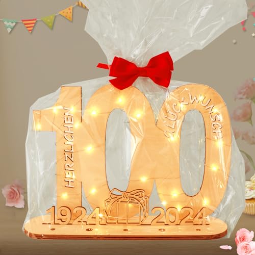 Seutgjie Geldgeschenke Geburtstag 100 Geburtstagszahlen Holz Schild Gästebuch mit LED Lichterkette Ständer und Kerzenhalter für 100 Jahre Mann Frau für Hochzeit Jubiläum Tischdeko 1924-2024 von Seutgjie