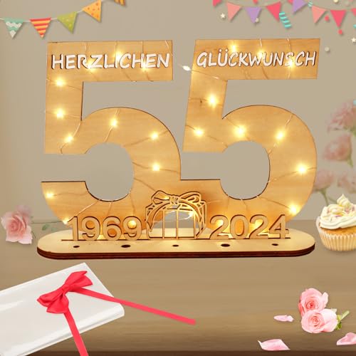 Seutgjie Geldgeschenke Geburtstag 55 Geburtstagszahlen Holz Schild Gästebuch mit LED Lichterkette Ständer und Kerzenhalter für 55 Jahre Mann Frau für Hochzeit Jubiläum Tischdeko 1969-2024 von Seutgjie