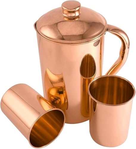 Krug aus 100 % reinem Kupfer, 1500 ml, mit 2 Bechern, Trinkwasser-Krug mit Gläsern, Kupferkrug-Set mit Deckel und Bechern, Griff Wasserflasche, Ayurveda gesundheitliche Vorteile von Seven Chakra Tree