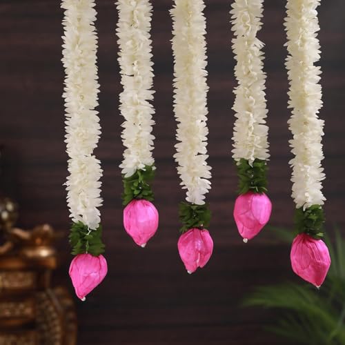 Seven Chakra Tree 14 Zoll Strings Jasmin Girlande Toran mit Lotusknospen für Pooja Dekoration (5 Stück) Künstliche Mogra Jasmin Girlande Wandbehang für Varalakshmi Puja, indische Dekorationen für von Seven Chakra Tree