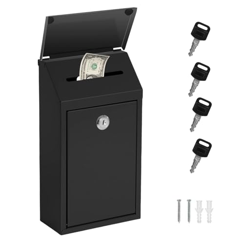 Sevenuncles Metall Spendenbox Sammelbox Safe Vorschlag Drop Box mit Schloss Wandmontage Briefkasten mit Regenschutz Lieferurne Wahlurne mit Schlitz für Außen Home Office (Schwarz) von Seven uncles