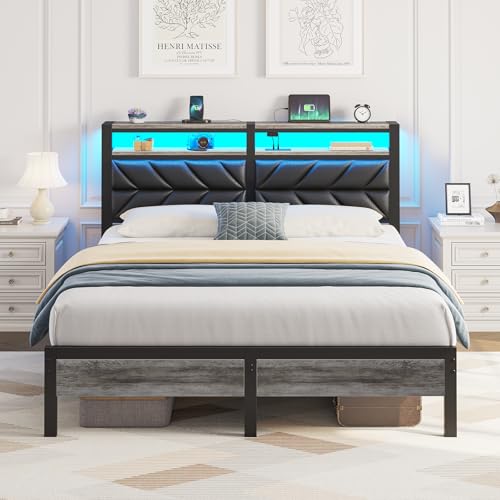 Seventable Bett 140x200 mit LED, Ladestation (2 USB-Anschlüsse & 1 Typ-C-Anschluss), Metallbett mit Gepolstertem Kopfteil & Stauraum, Doppelbett für Schlafzimmer von Seventable