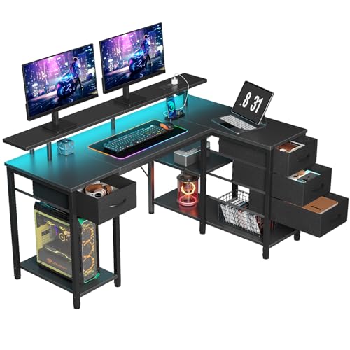 Seventable Computertisch L Form mit 4 Schubladen & Ablageflächen, Gaming Tisch mit LED & Steckdosen, Gaming Schreibtisch mit Monitorständer für Homeoffice, Schlafzimmer, Wohnzimmer (Schwarz, 120 cm) von Seventable