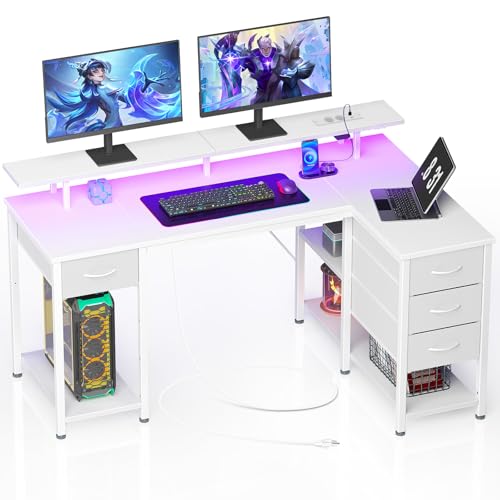 Seventable Computertisch L Form mit 4 Schubladen & Ablageflächen, Gaming Tisch mit LED & Steckdosen, Gaming Schreibtisch mit Monitorständer für Homeoffice, Schlafzimmer, Wohnzimmer (Weiß, 140 cm) von Seventable