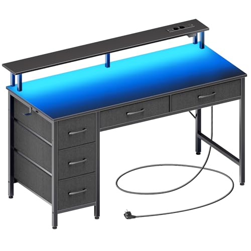 Seventable Computertisch mit Steckdosen & LED-Beleuchtung, 120cm Gaming Schreibtisch mit 5 Schubladen, Gaming Tisch mit Monitorständer, fürs Büro, Arbeitszimmer, Schlafzimmer, Wohnzimmer, Schwarz von Seventable