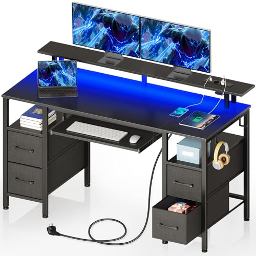 Seventable Gaming Schreibtisch mit Schubladen, Computertisch mit LED, Stromsteckdosen & USB-Ports, Gaming Tisch mit Tastaturablage & Monitorständer für Büro, Wohnzimmer(schwarz 120x47x88cm) von Seventable