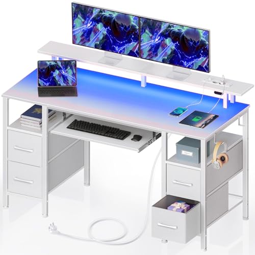 Seventable Gaming Schreibtisch mit Schubladen, Computertisch mit LED, Stromsteckdosen & USB-Ports, Gaming Tisch mit Tastaturablage & Monitorständer für Büro, Wohnzimmer(weiß, 120x47x88cm) von Seventable