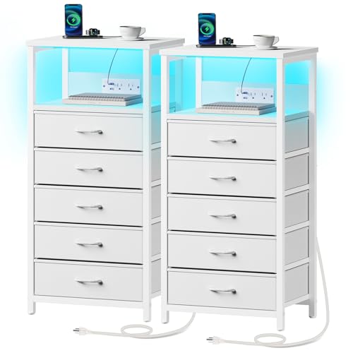 Seventable Nachttisch 2er Set mit 5 Stoffschubladen, Nachttisch mit Ladestation, Beistelltisch mit LED-Lichtern, Nachttisch für Schlafzimmer, Weiß von Seventable