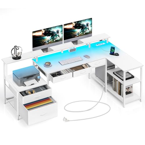 Seventable Schreibtisch L Form, Computertisch mit Steckdose, LED & Monitorständer, Reversibel Eckschreibtisch mit Schubladen, perfekt für Schlafzimmer Büro Wohnzimmer, Weiß Seventable Schreibtisch L Form, Computertisch mit Steckdose, LED & Monitorständer, Reversibel Eckschreibtisch mit Schubladen, perfekt für Schlafzimmer Büro Wohnzimmer, Weiß von Seventable
